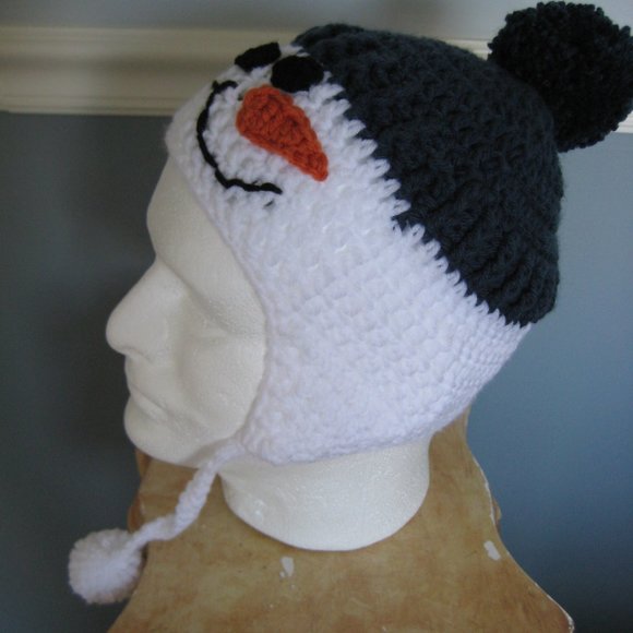 Navy Blue Snowman Hand Knit Hat / Unisex Child / Earflaps, Ties, Pom Pom's -SALE - Picture 4 of 6